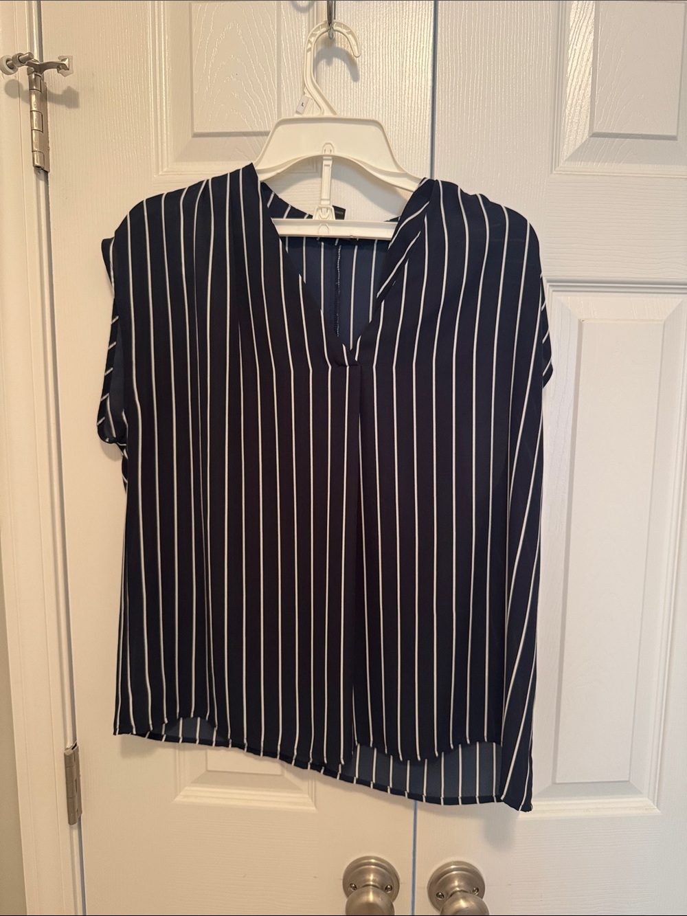 Banana Republic Navy and White Vertical Stripe V-Neck Blouse